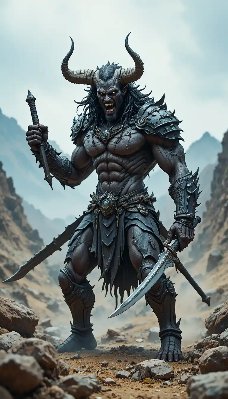 Armored horned demon with twin blades in rocky wasteland