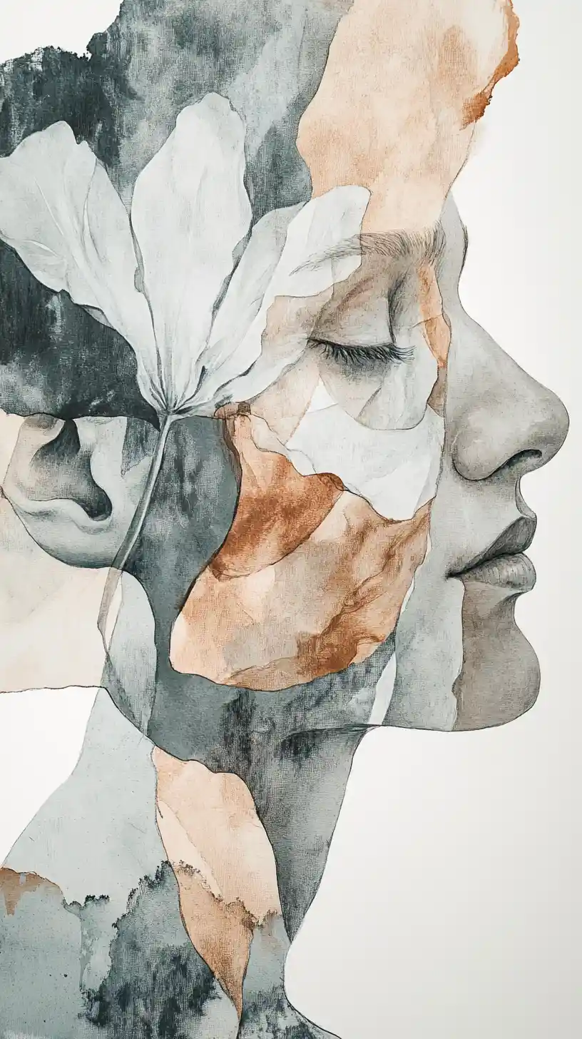 Abstract botanical forms in layered watercolor and ink collage