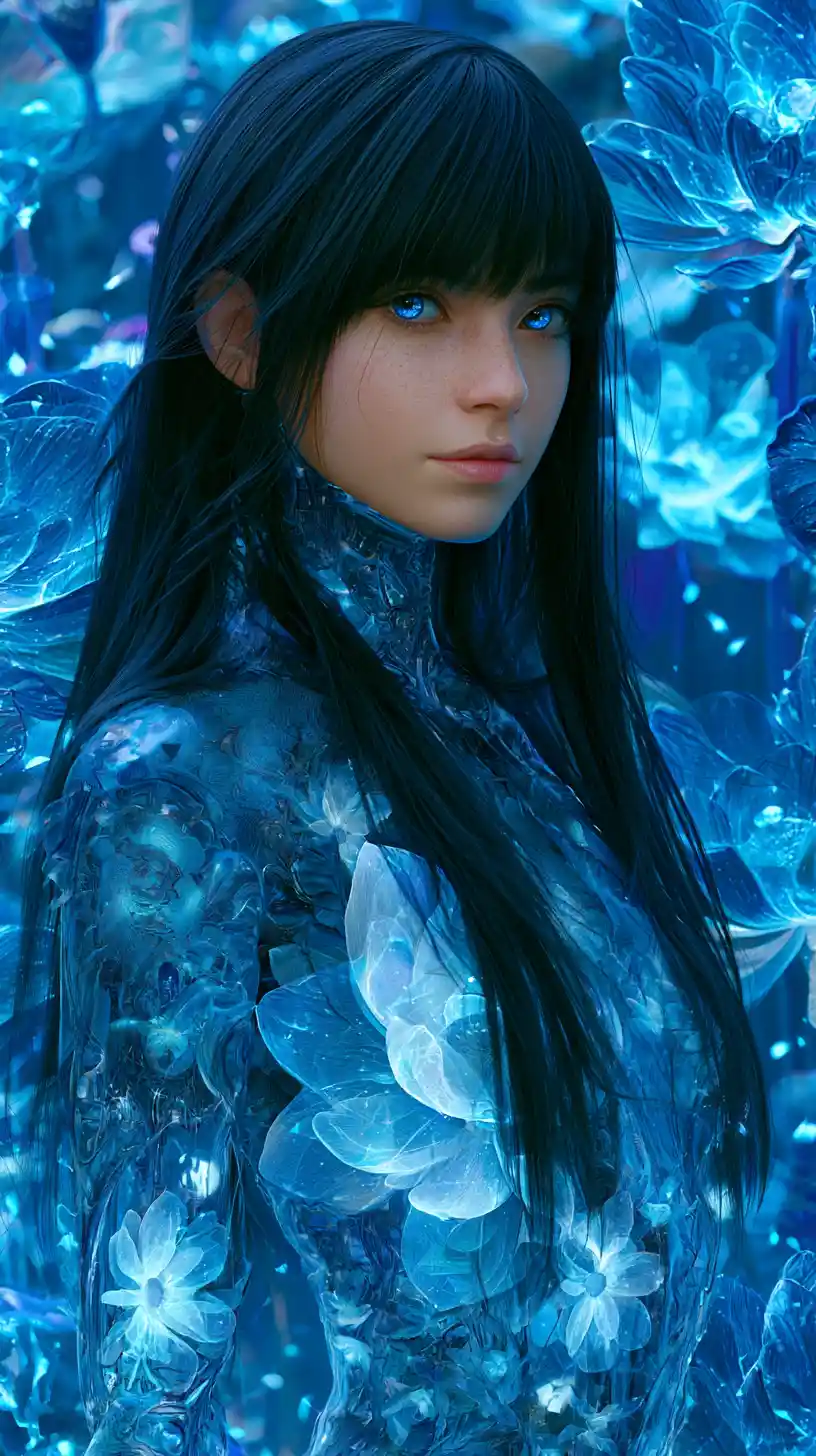 Cybernetic woman with blue eyes in glowing lotus garden