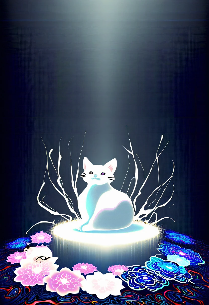 Mystical magenta cat amid glowing psychedelic flora patterns