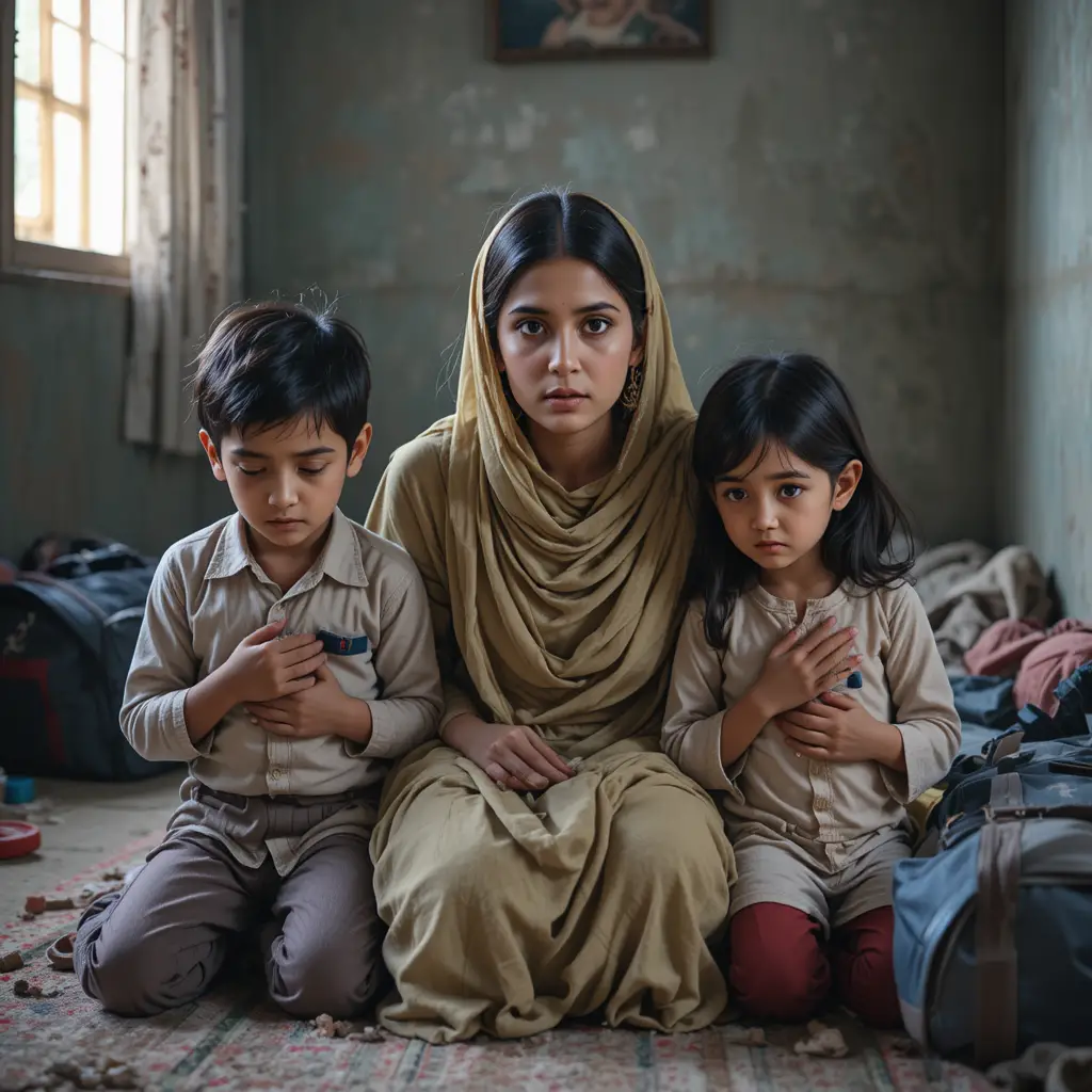 Worried mother comforting two sick children at home