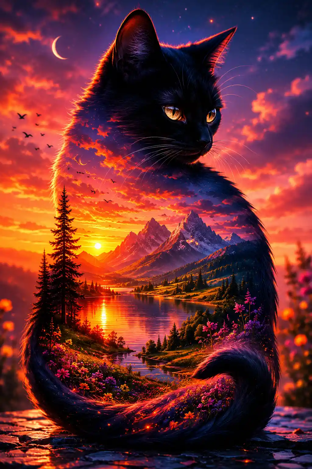 Black cat silhouette filled with sunset mountain landscape