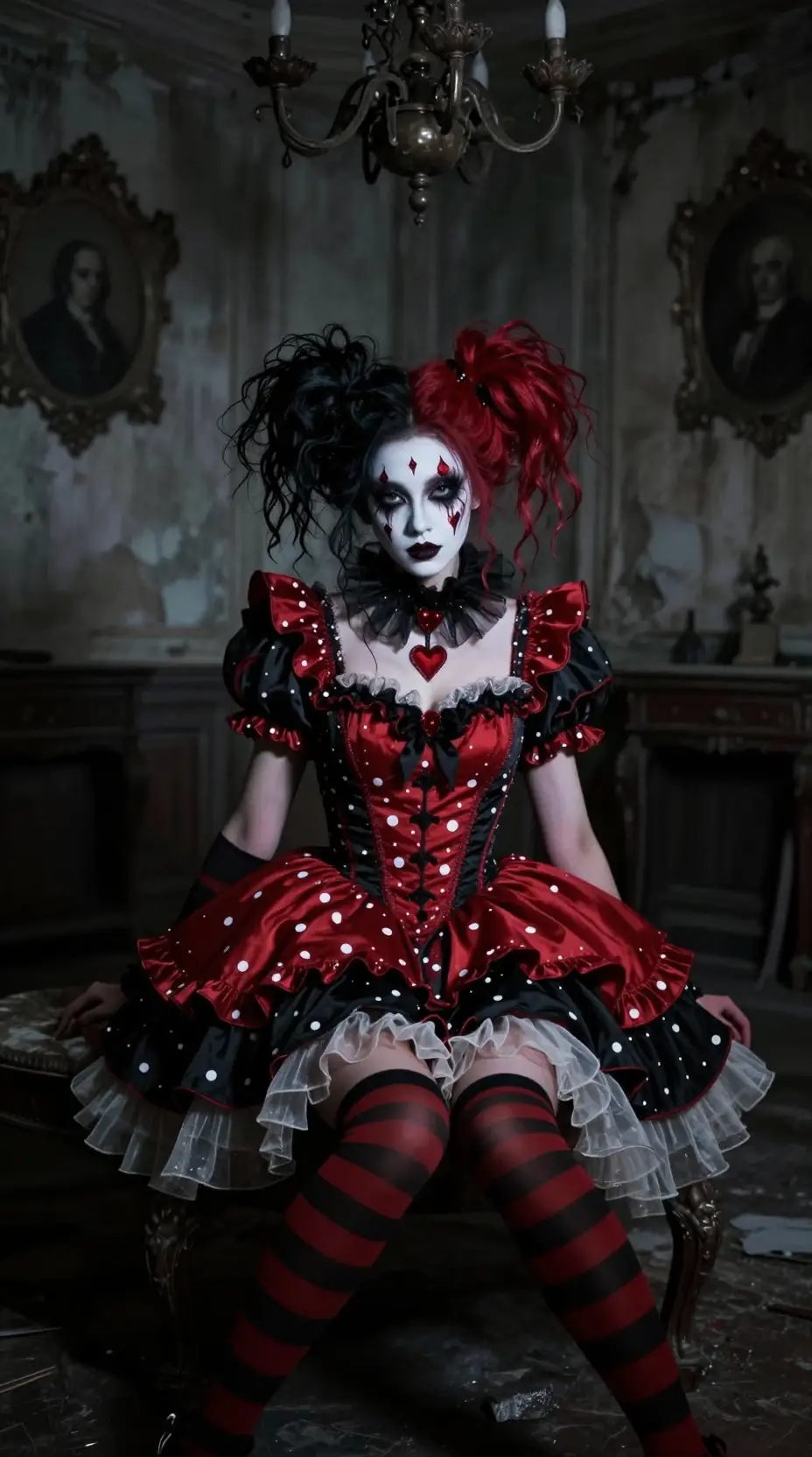 Gothic harlequin woman in a decaying abandoned room
