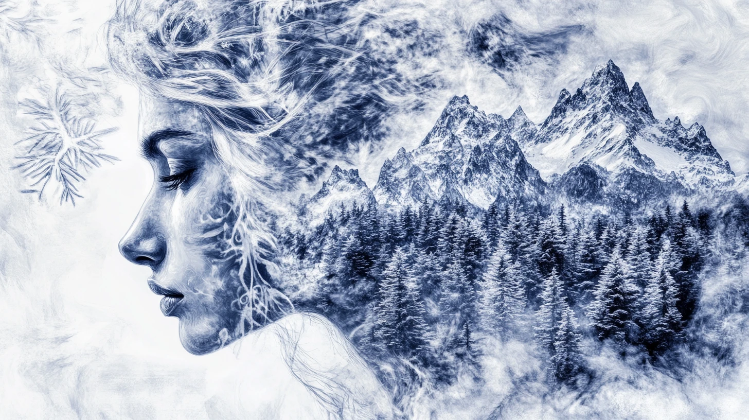 Silver wolf dissolving into snow and distant mountains