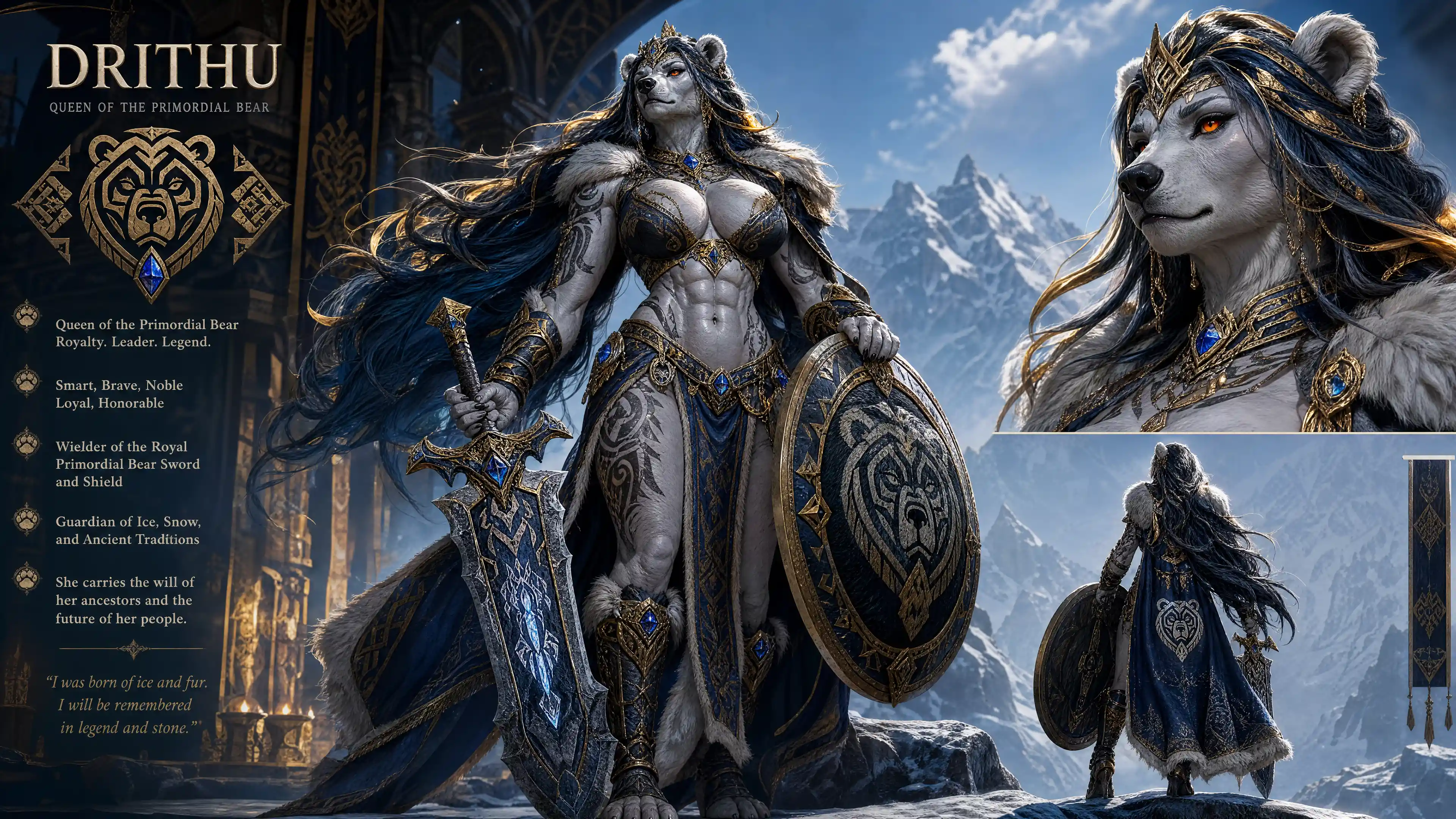 Regal primordial bear queen warrior with sapphire hair