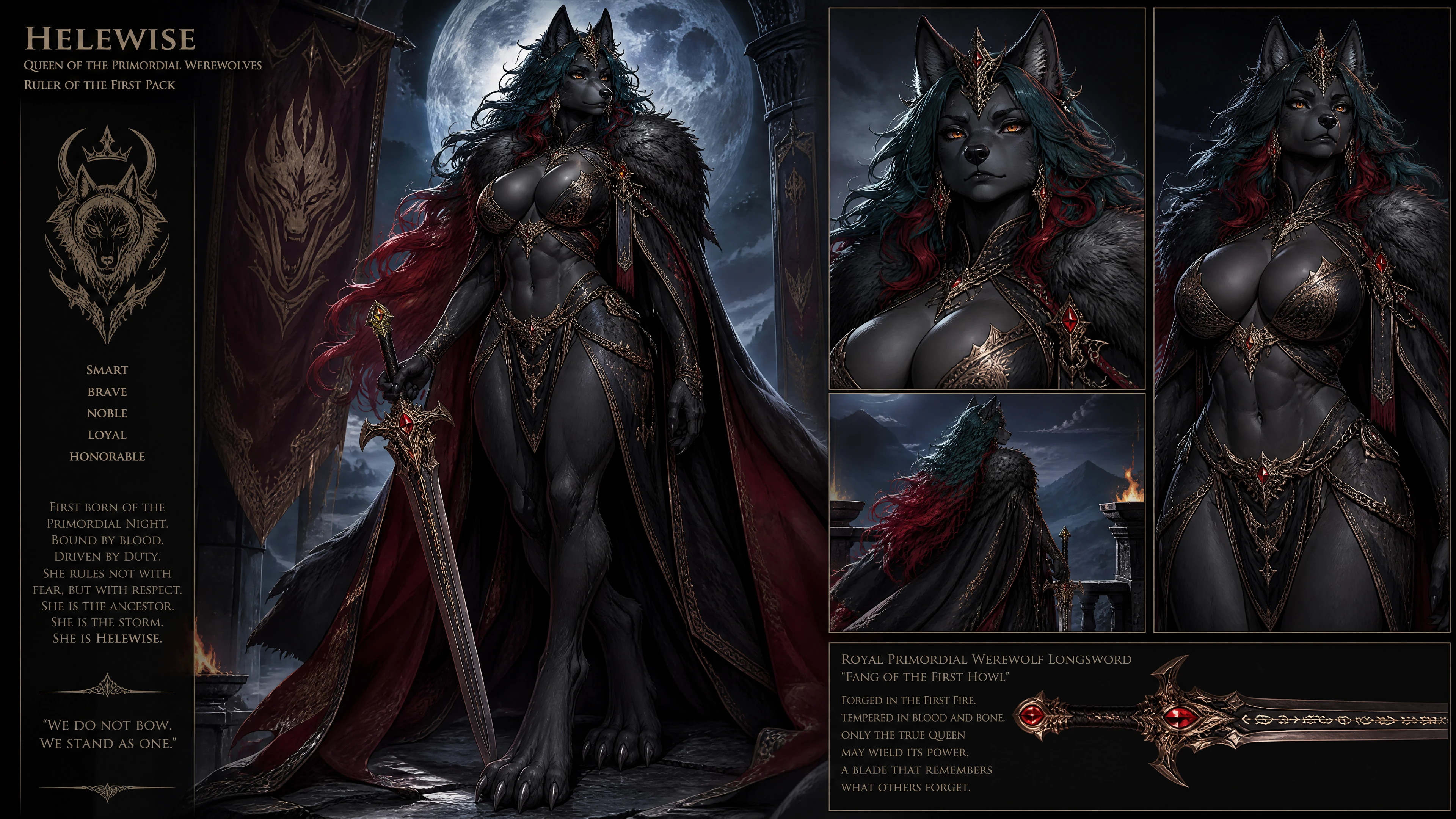 Regal primordial werewolf queen with teal hair and sword