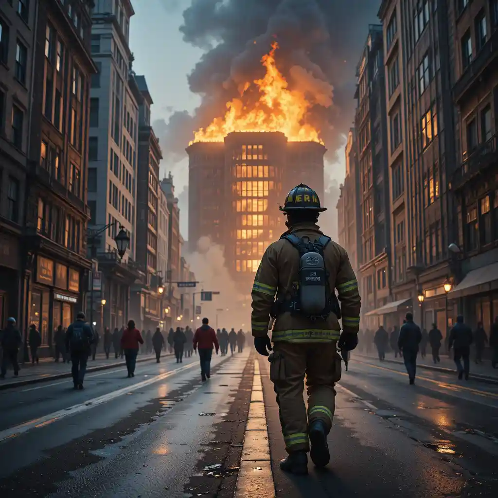 Firefighter Returning To Duty On Burning City Street