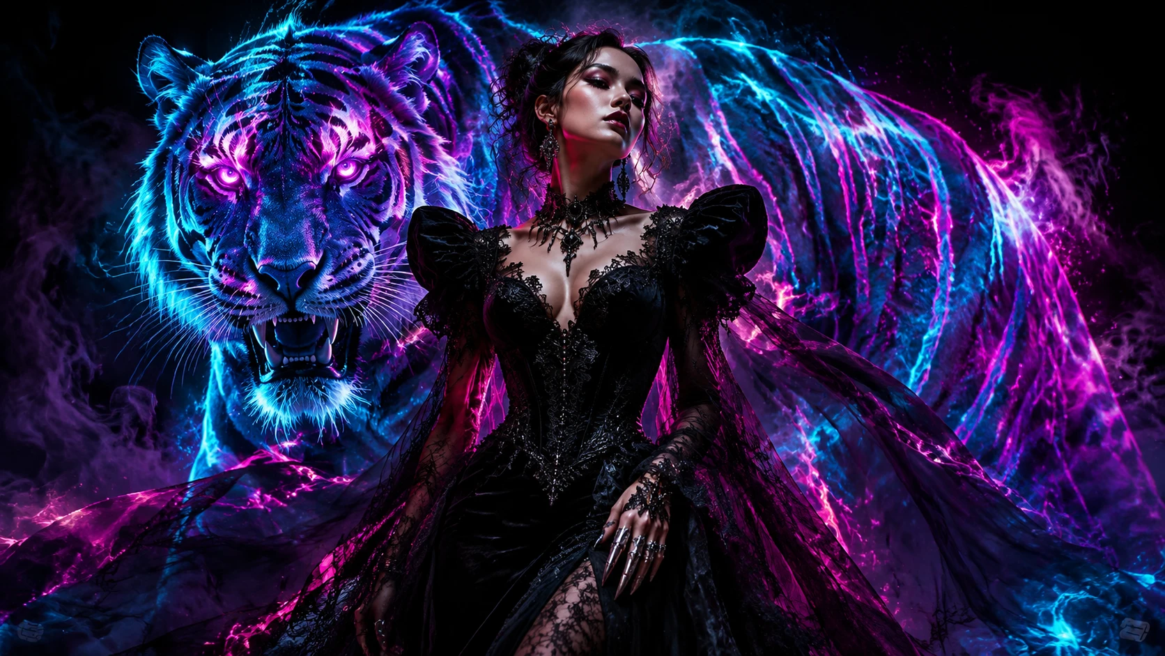 Gothic fashion woman with neon tiger spirit behind her