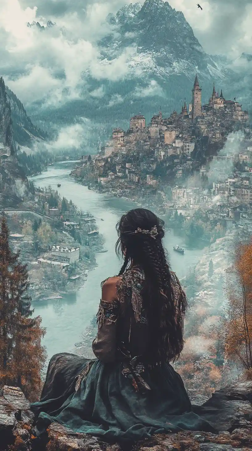 Vintage style city river and mountains with native girl