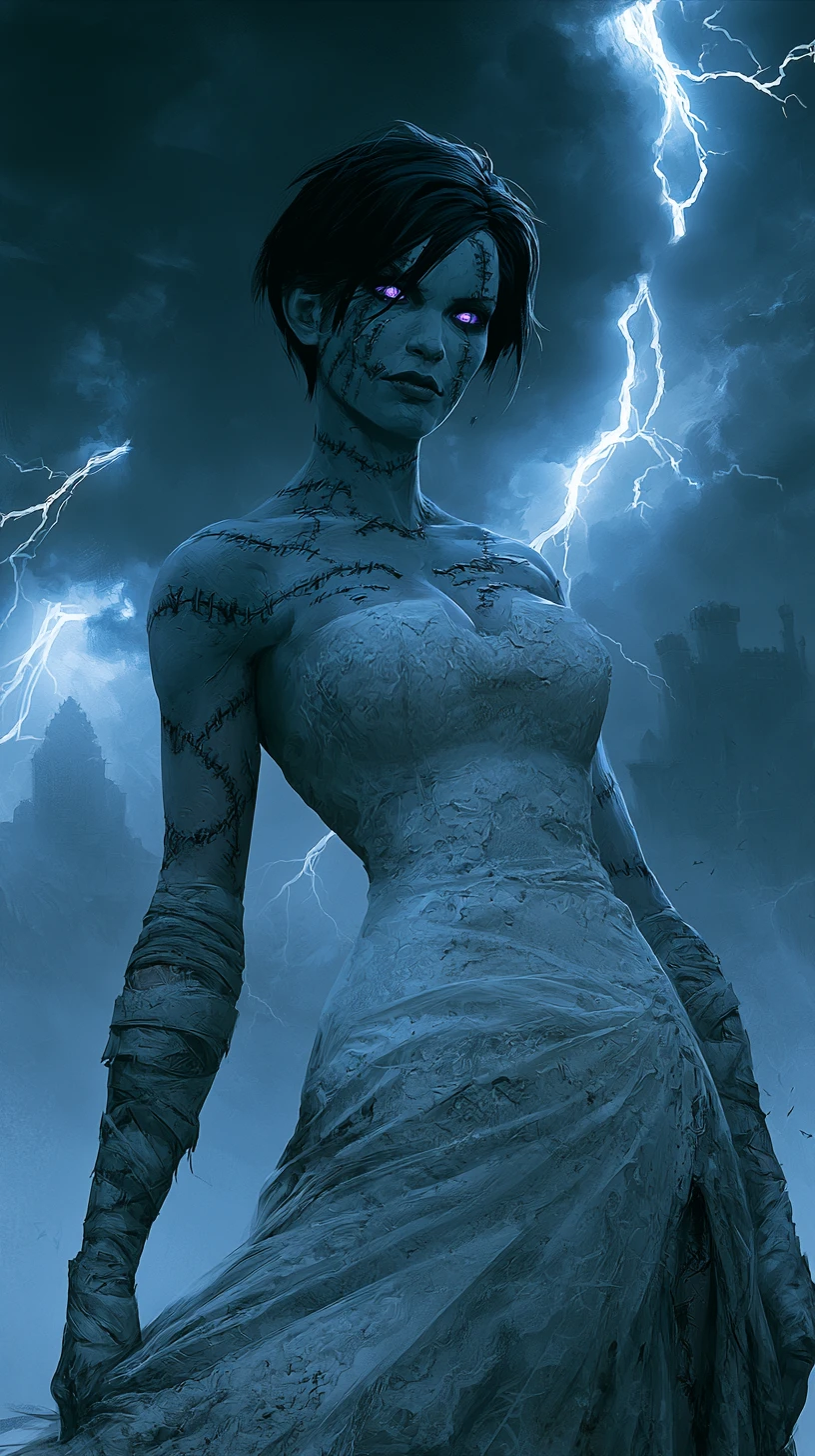 Gothic bride with glowing purple eyes before a stormy sky