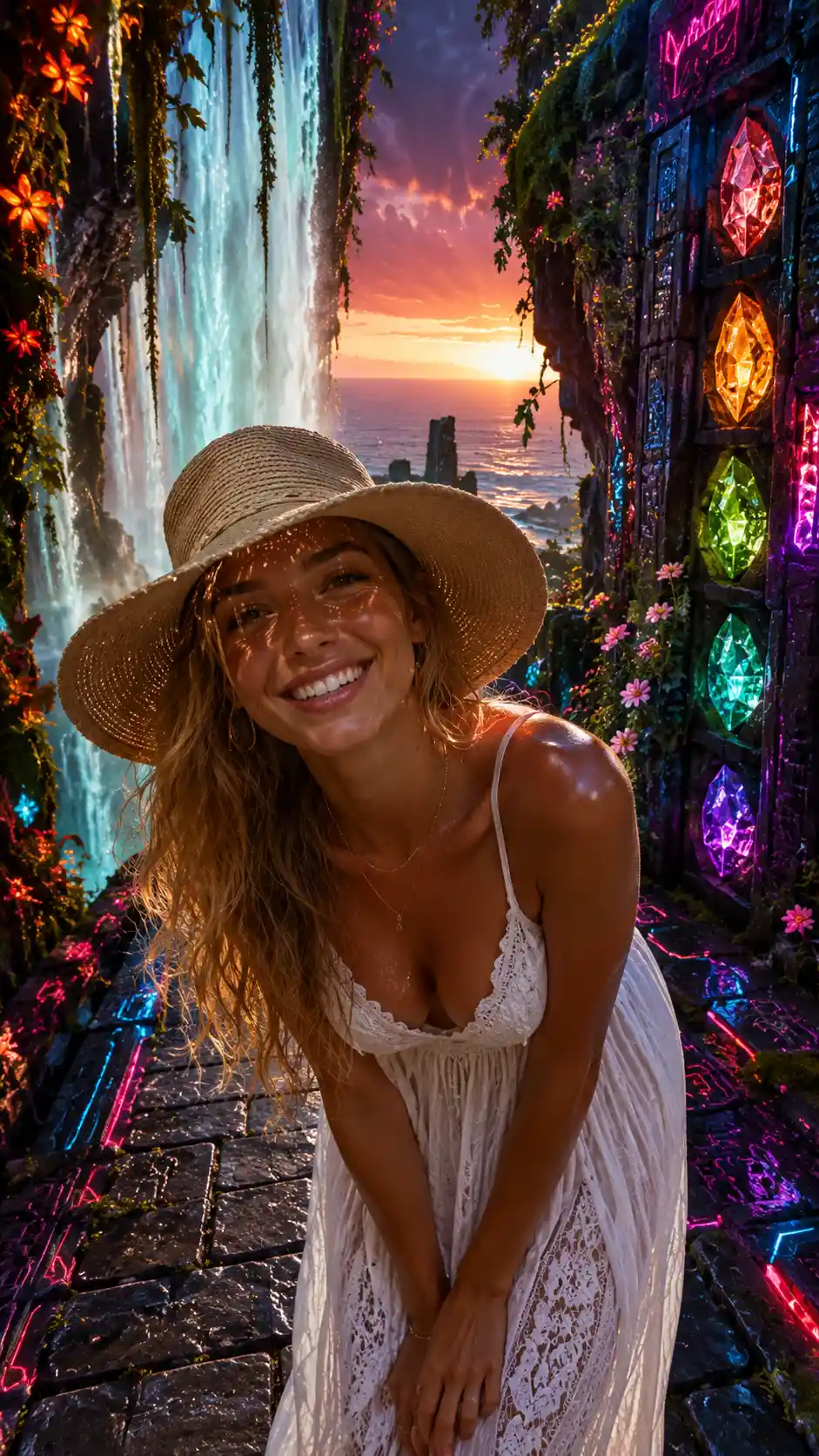 Laughing woman in lace dress under wide sun hat