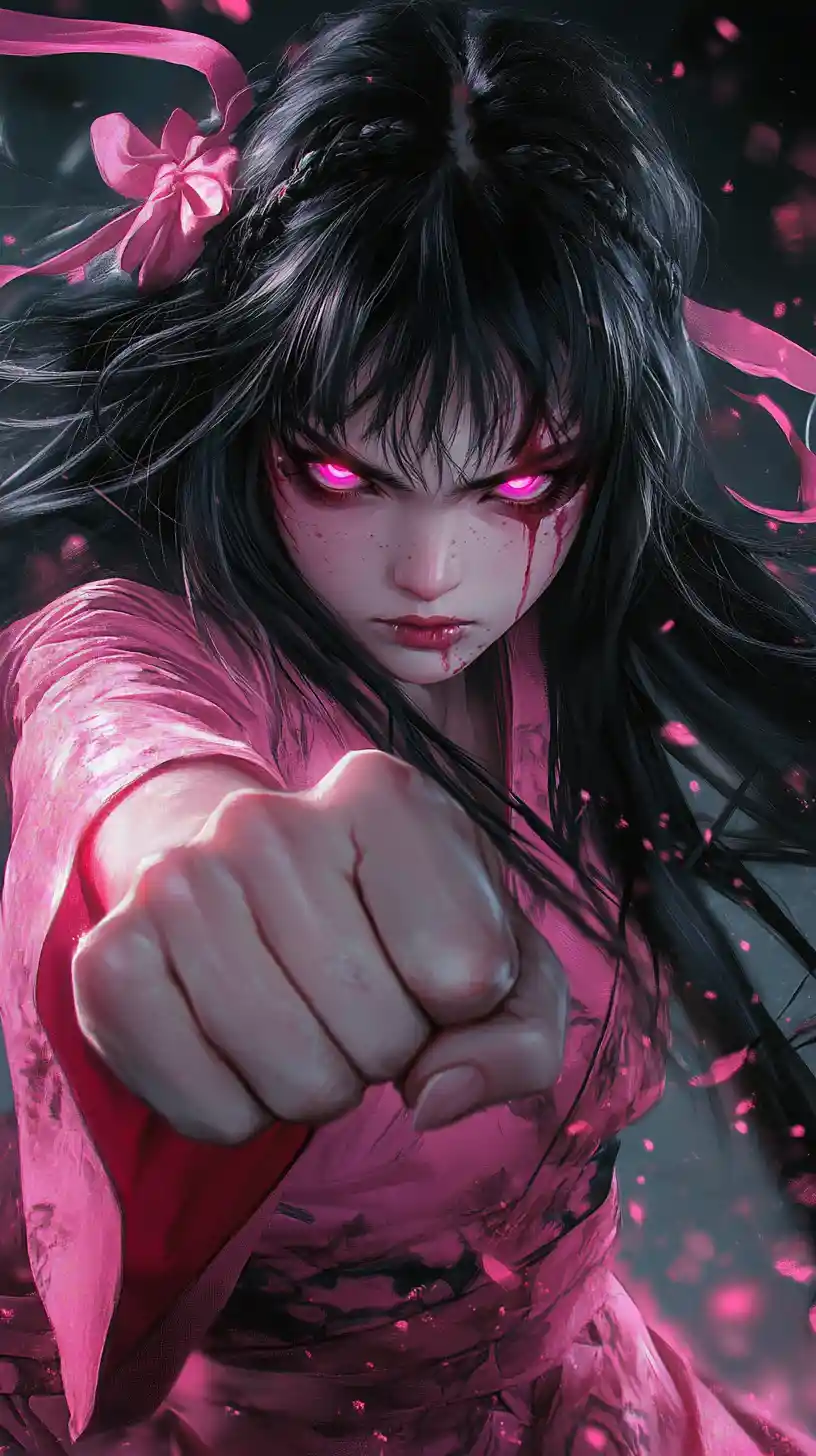 Demonic anime woman with glowing pink eyes and fist