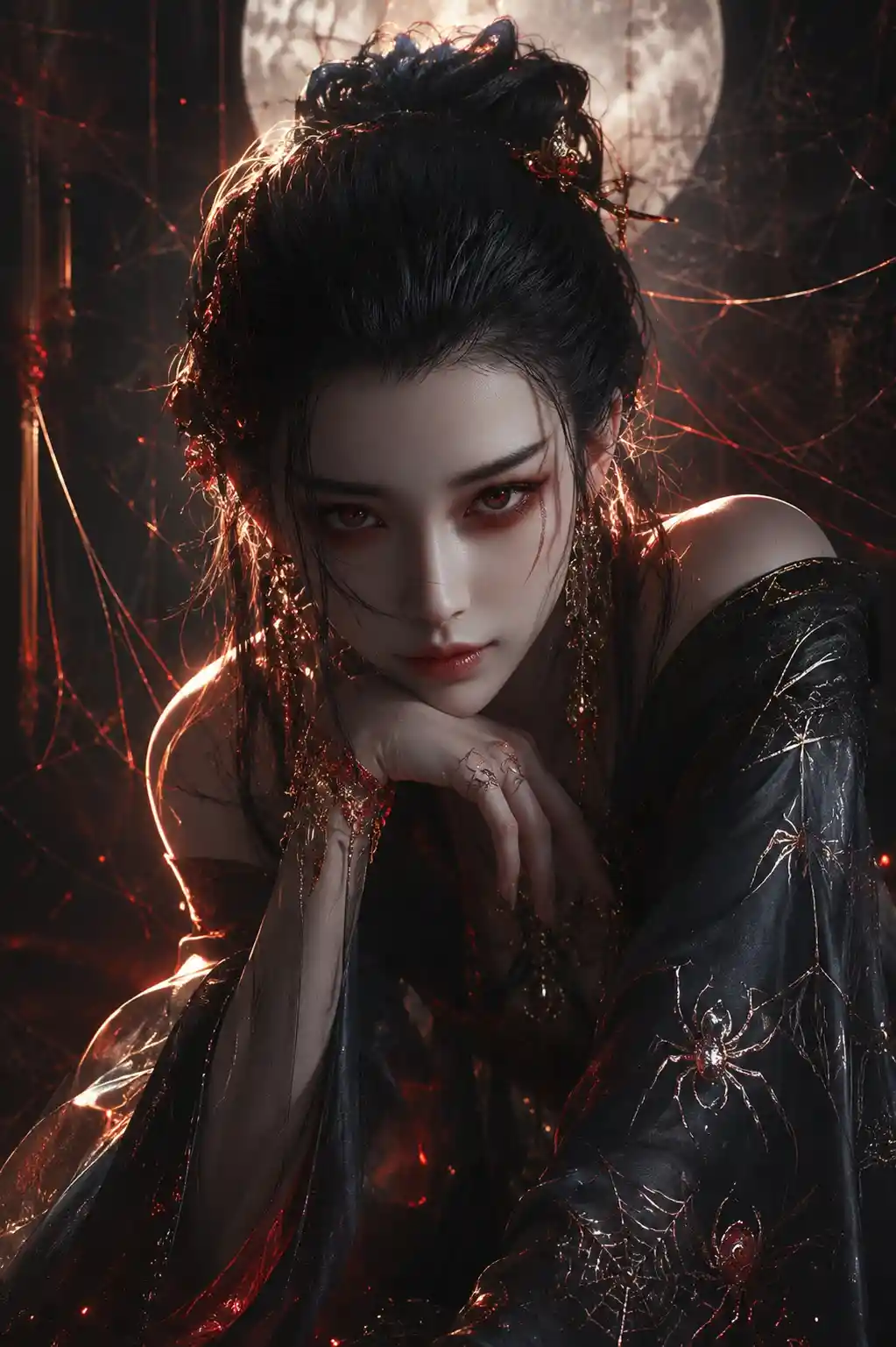 Graceful spider demon woman in flowing silk robes