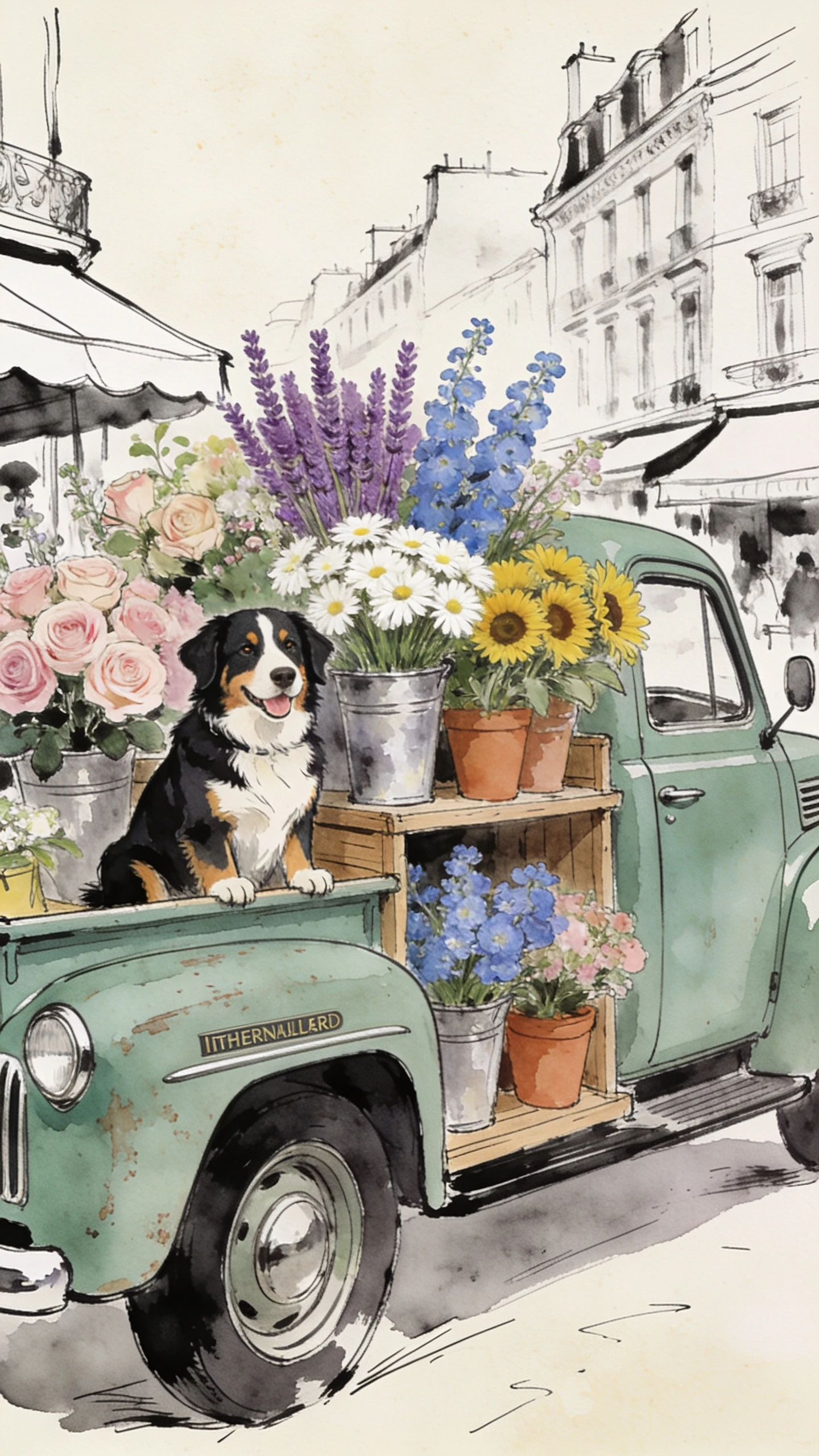 Bernese dog in retro flower truck fashion illustration