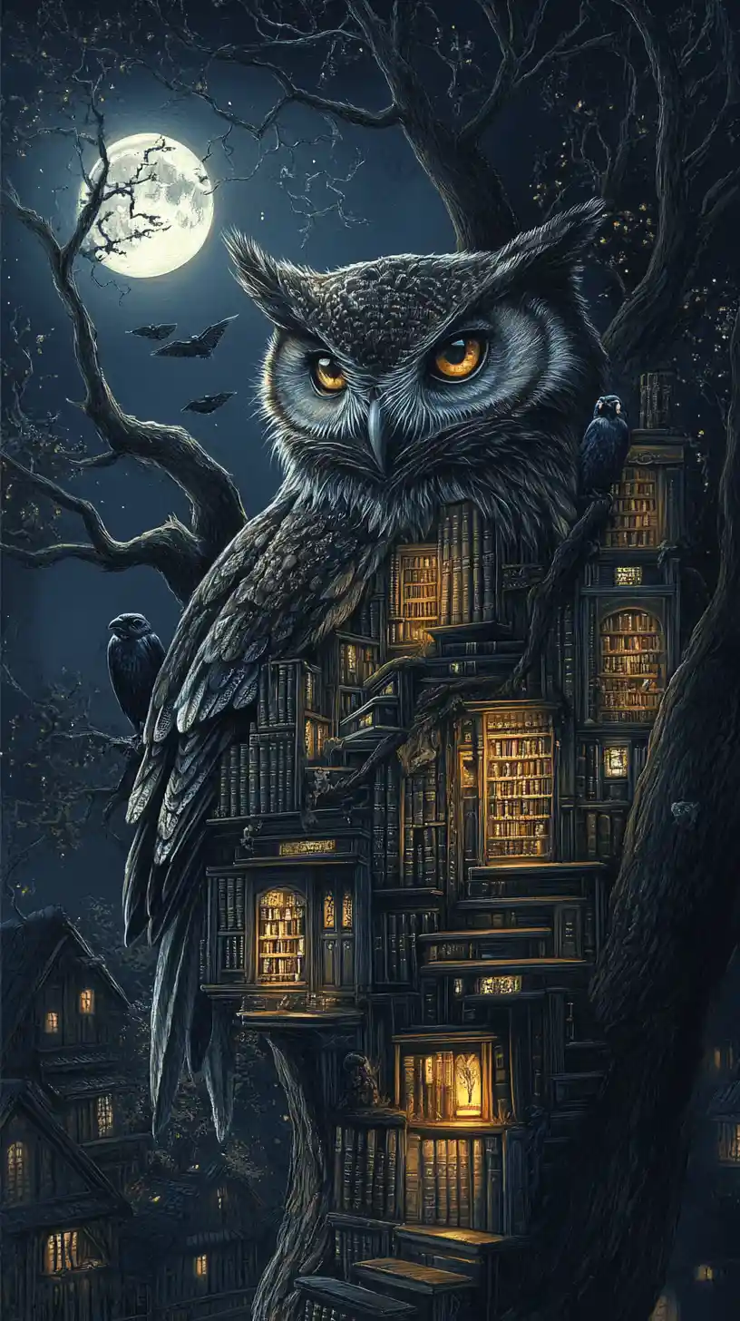 Surreal Owl Formed From Books Feathers And Ravens