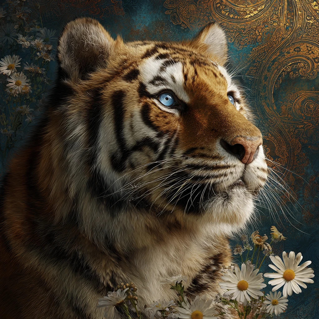 Majestic tiger portrait with blue eyes and golden paisley