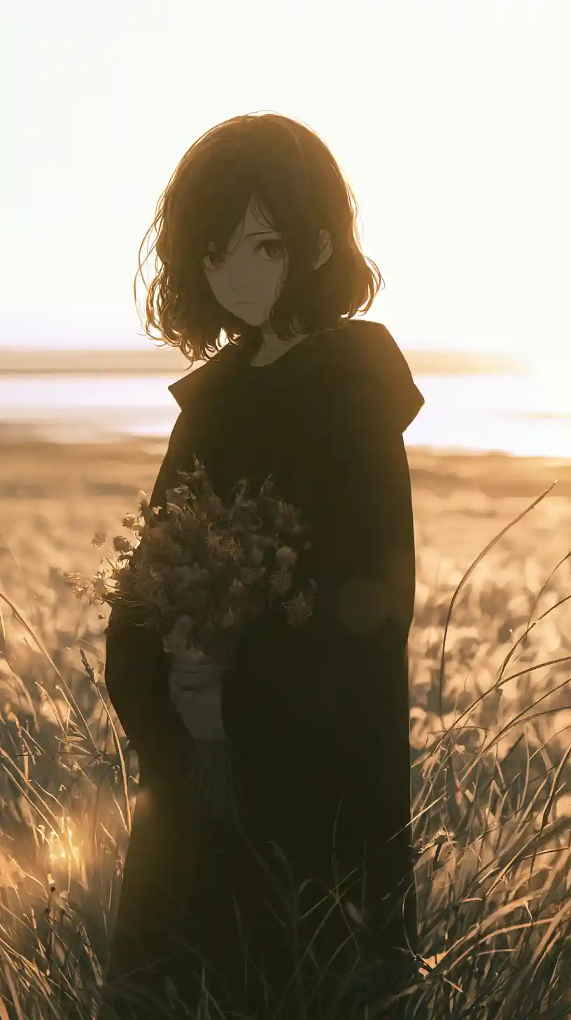 Anime girl in tall meadow grass holding dried wildflowers