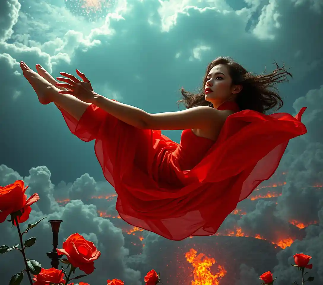 Surreal woman suspended between shattered sky and inferno