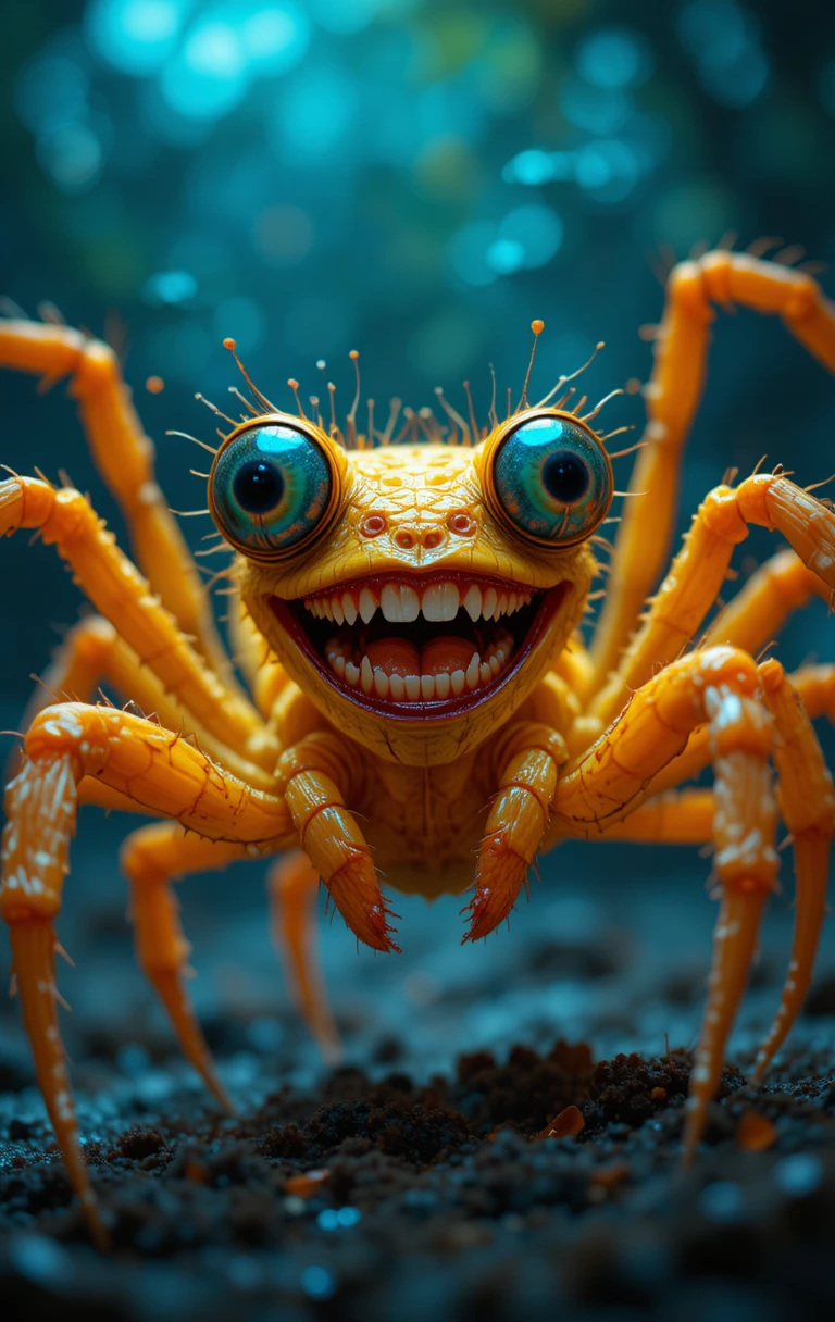 Mischievous cartoon spider with fluorescent yellow and orange body