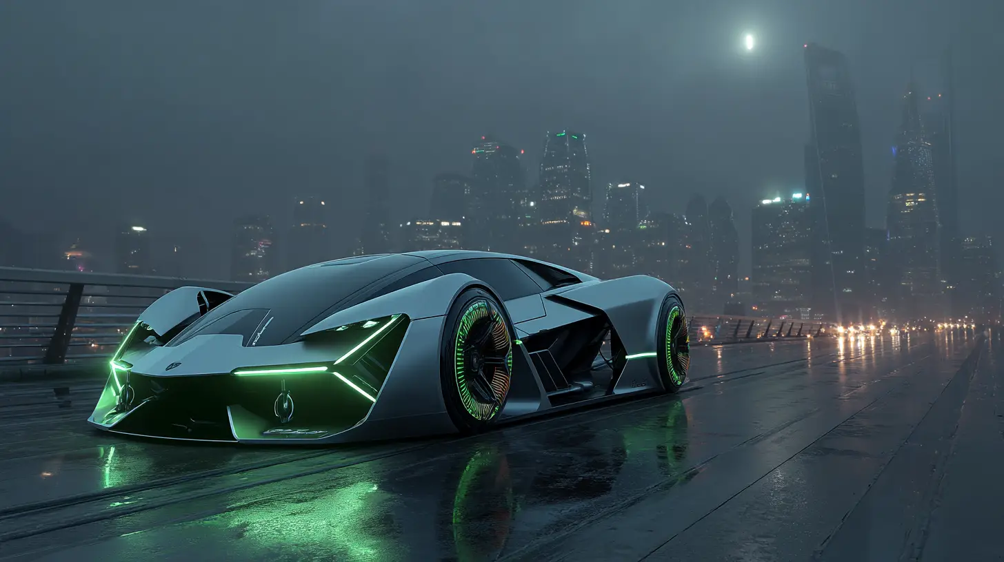 Futuristic silver car under moonlit sky near distant city