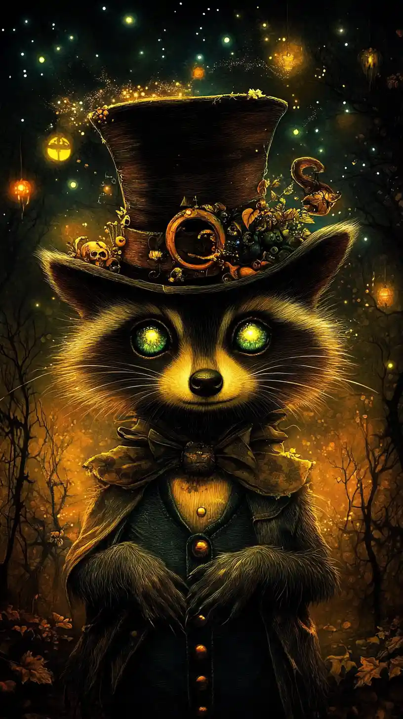 Surreal raccoon magician with glowing top hat at night