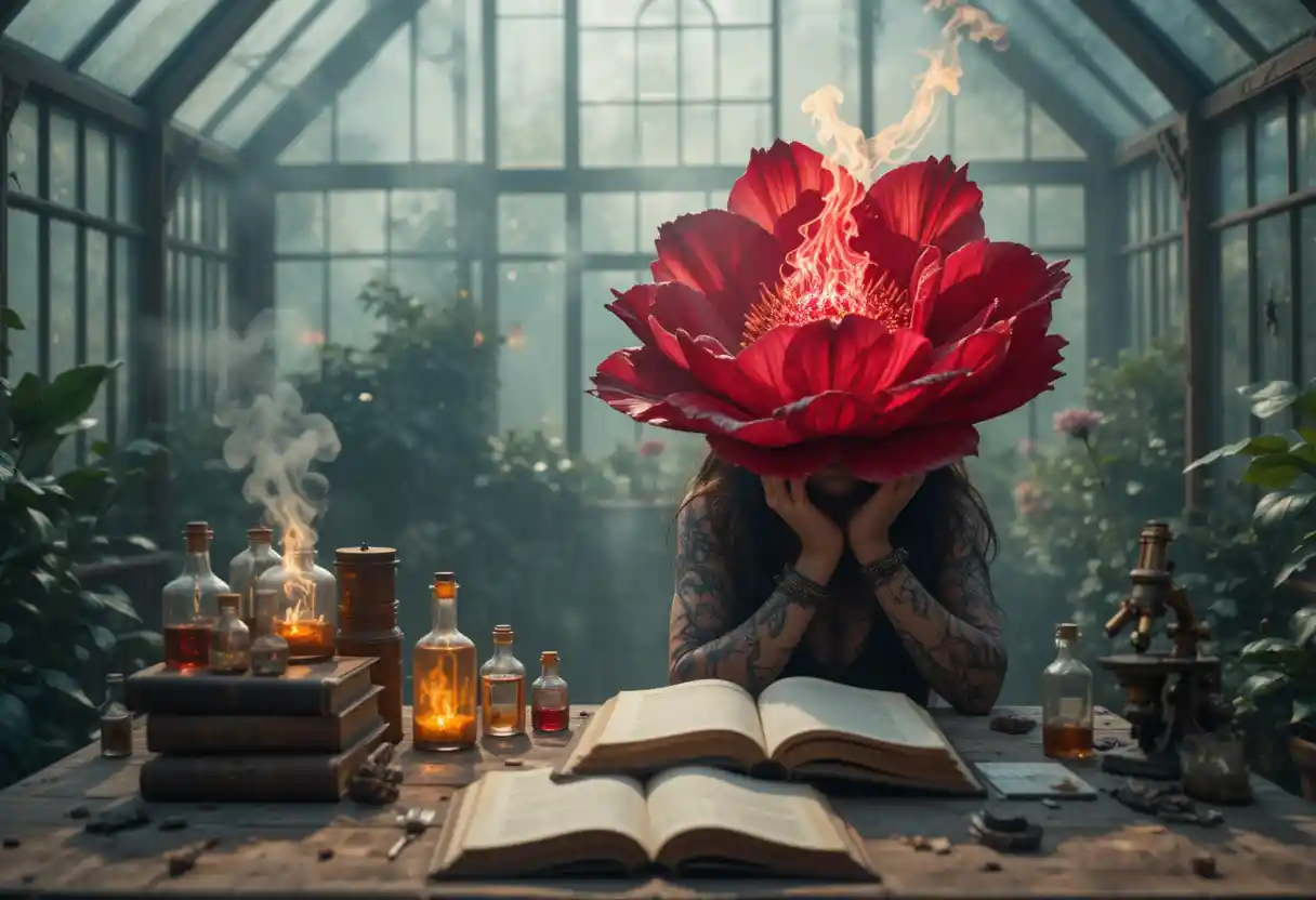 Steampunk woman with flaming crimson flower in greenhouse