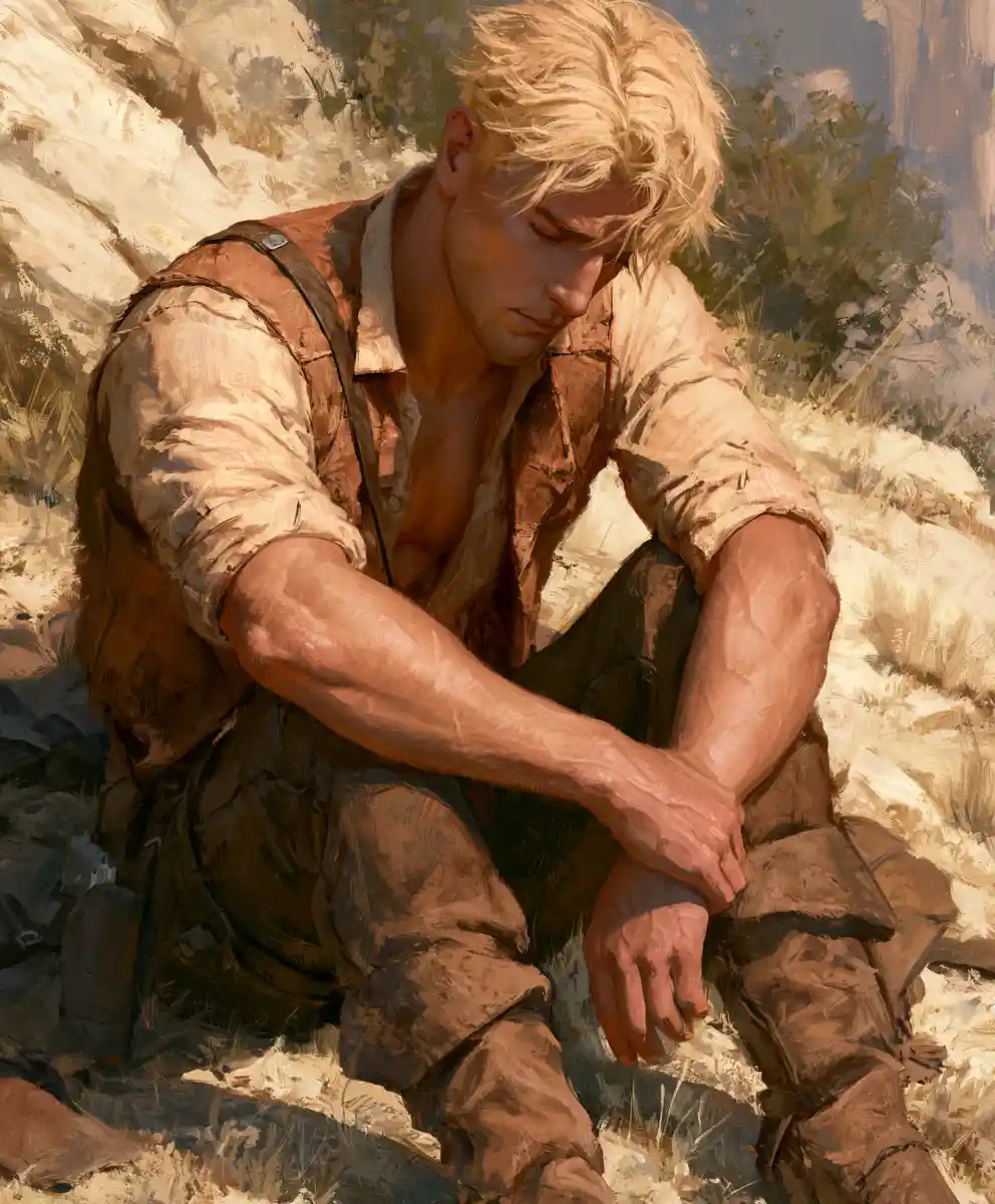 Muscular blond man alone in a place of quiet sadness