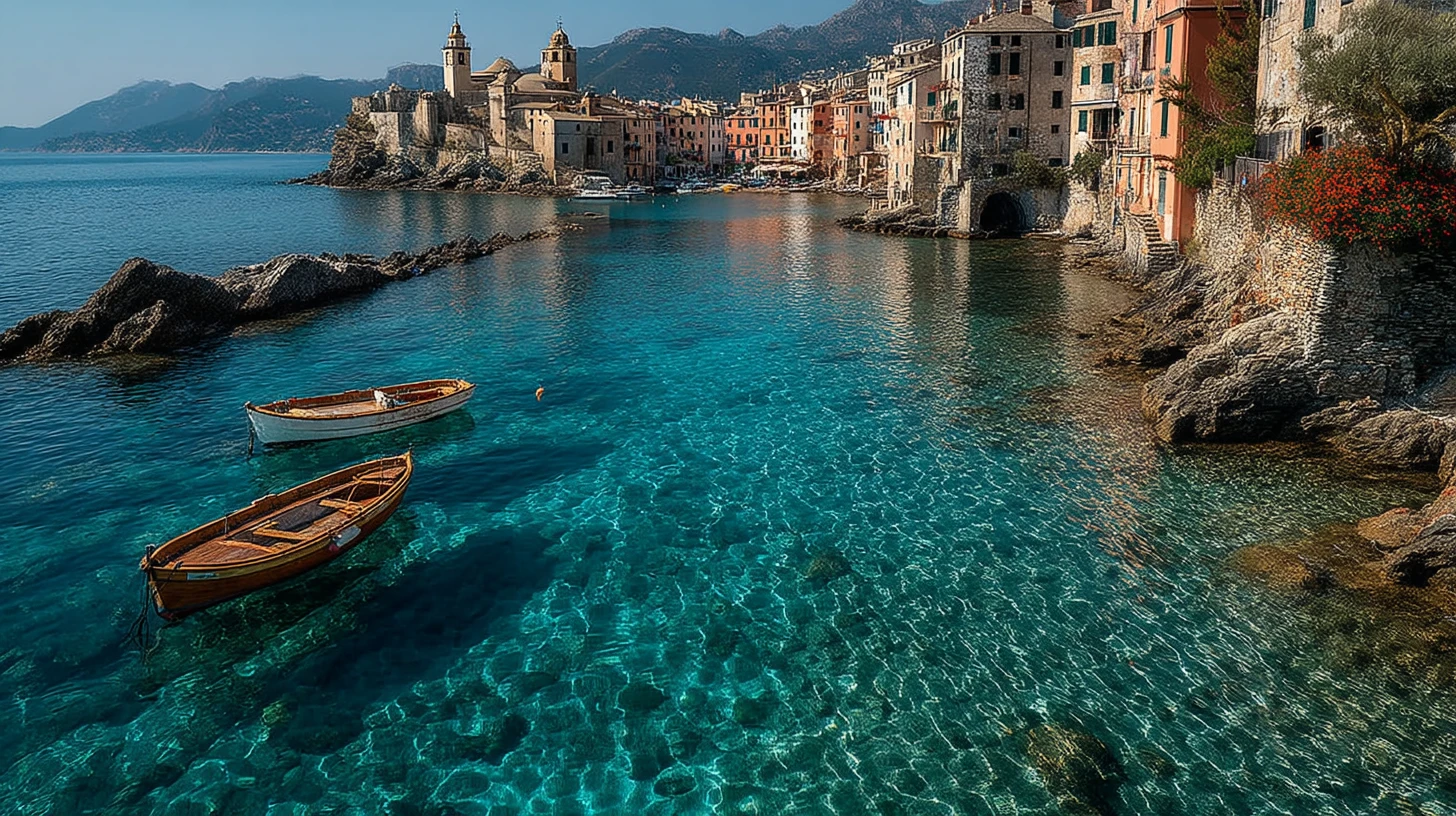 Aerial view of an Italian mountain village and harbor