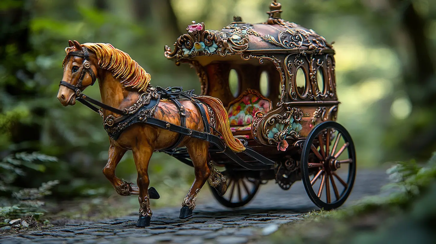 Pequeña carreta steampunk de caballos en un camino rústico empedrado