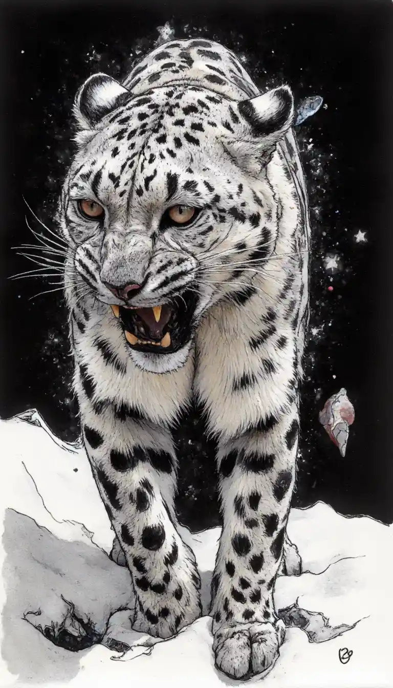 Snow leopard leaping forward in dramatic ink abstraction