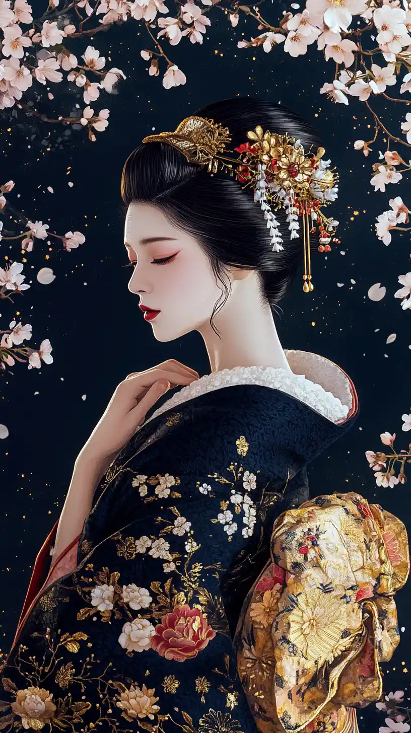 Elegante geisha in kimono blu navy con dettagli floreali dorati