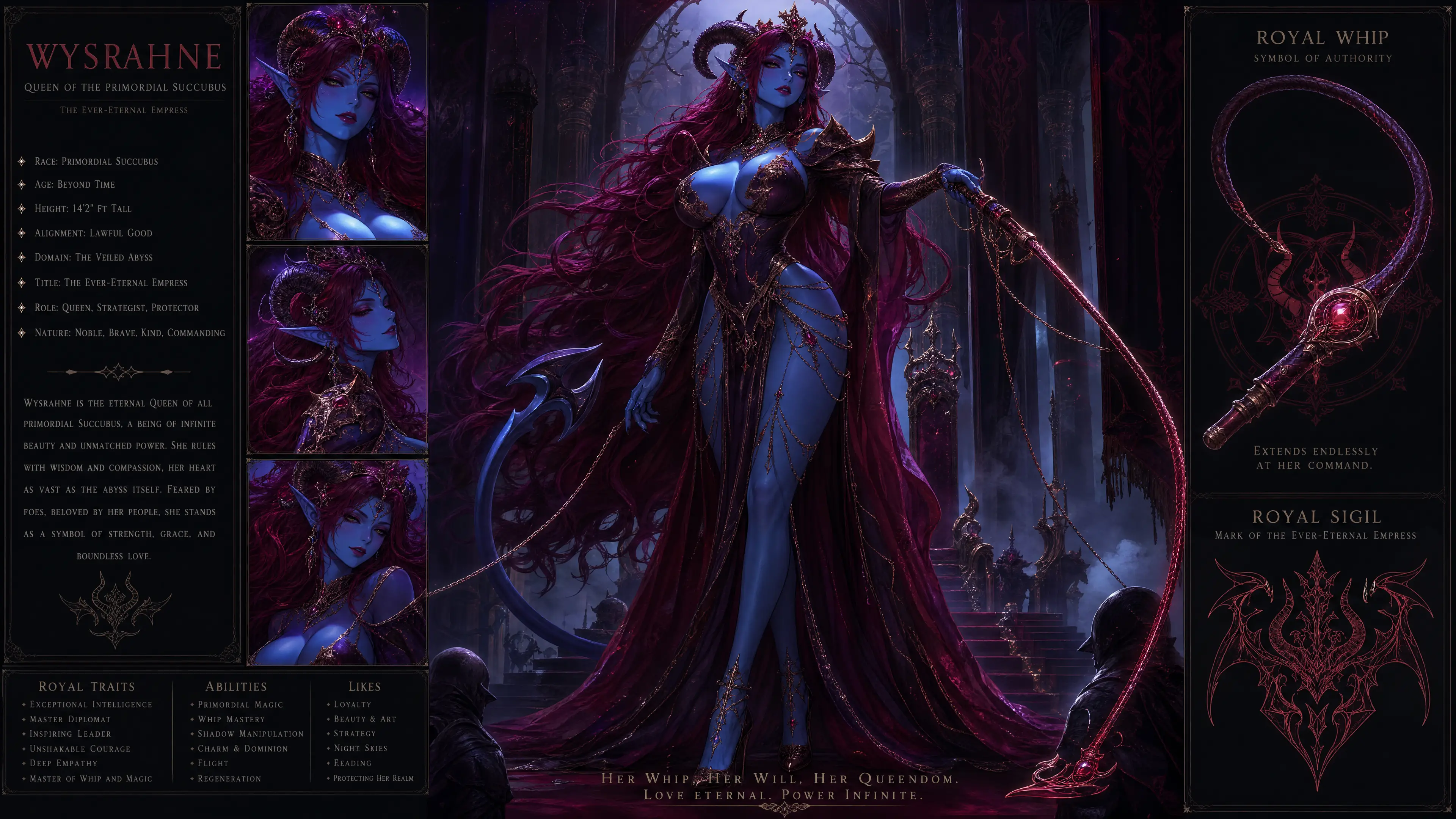 Tall blue skinned succubus queen in regal fantasy attire