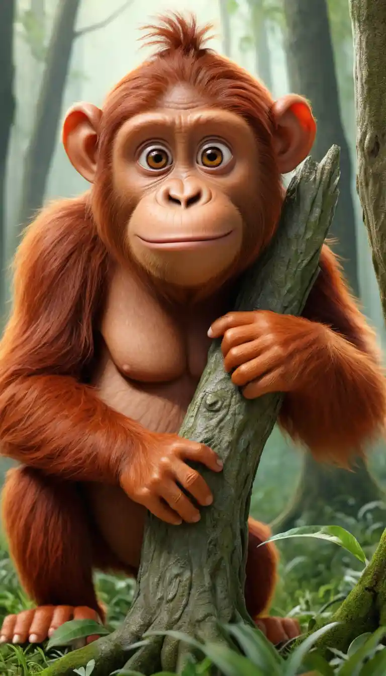 Cute young cartoon orangutan thinking on tree stump