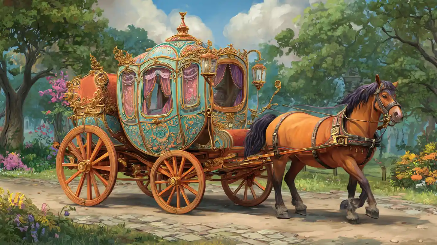 Whimsical tiny horse carriage on a rustic cobblestone road