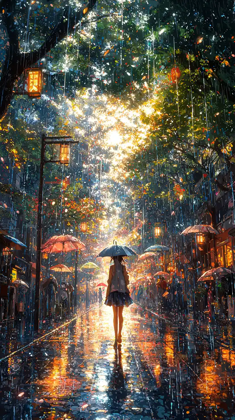 Anime girl standing in a rainy city street scene