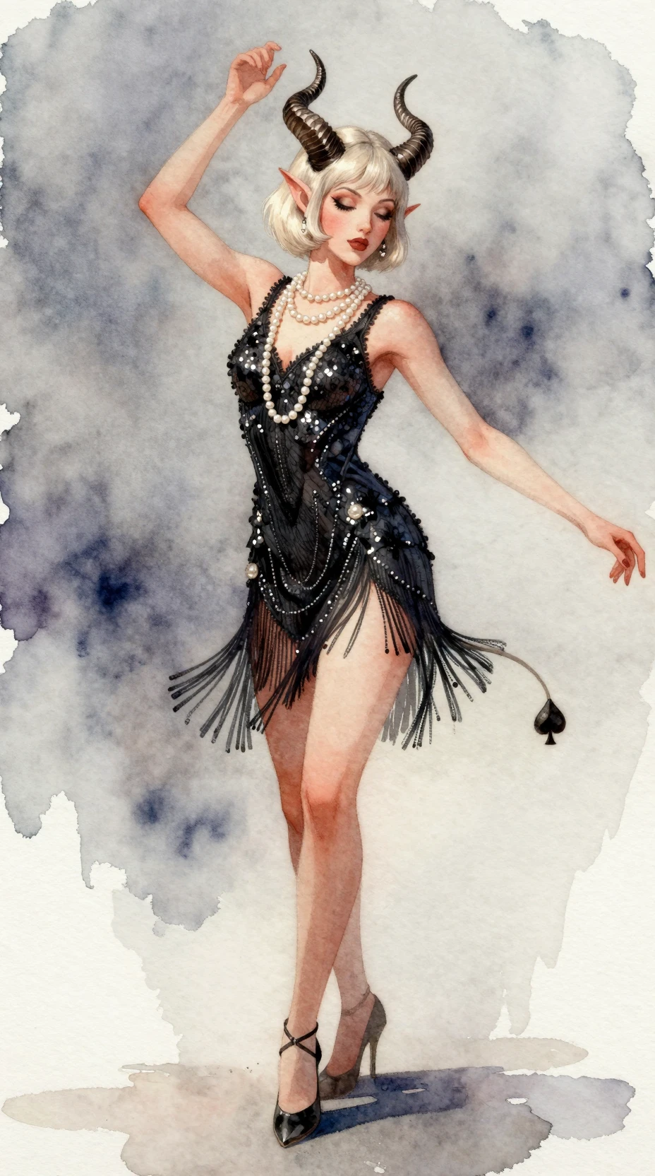 Flapper tiefling woman dancing in a low angle view