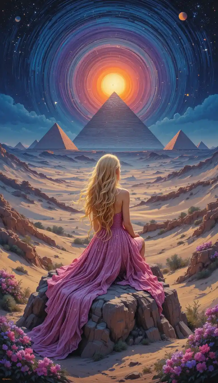 Girl on a rock watching pyramids at sunset sky