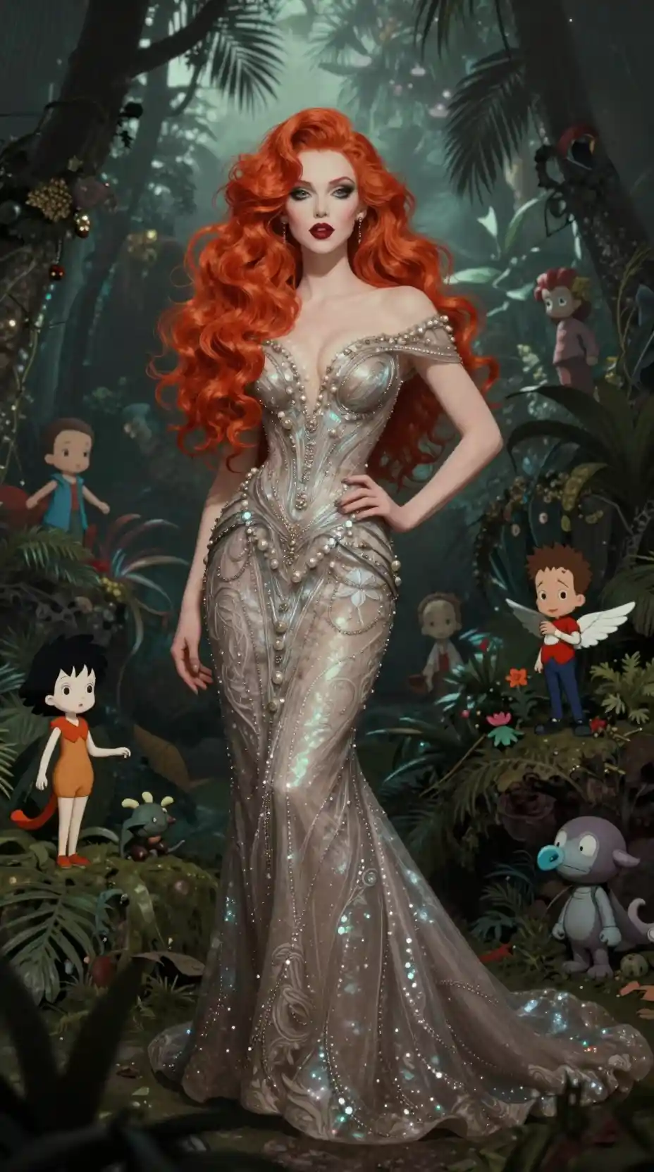 Glamorous redhead in a flowing gown in tropical fantasy