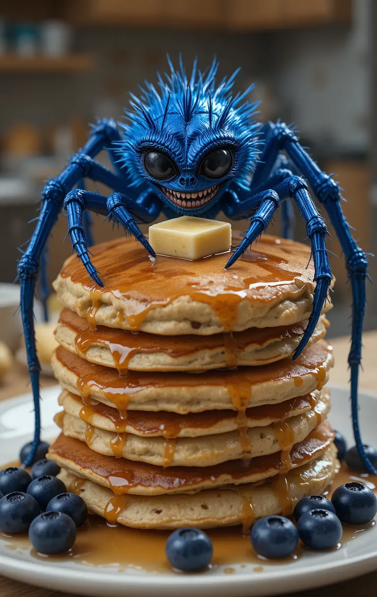 Araña azul sonriendo sobre panqueques de arándanos en una cocina