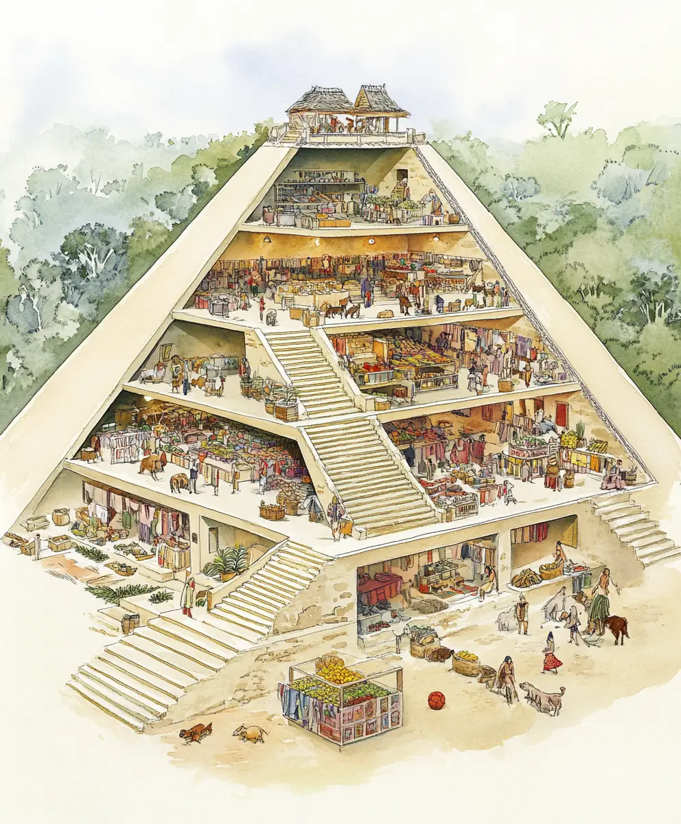Aquarell-Querschnitt eines lebhaften Pyramidemarkts