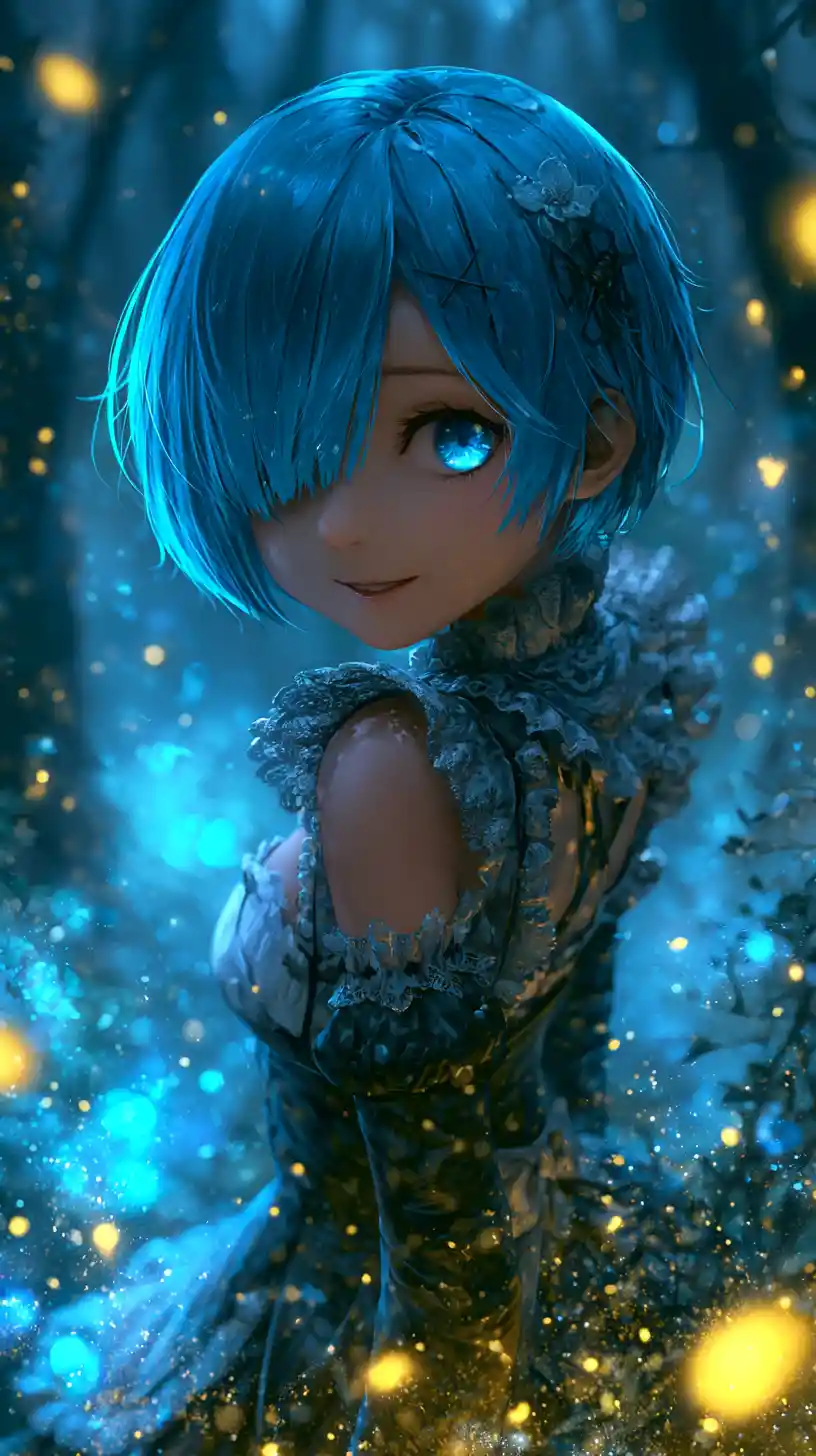 Anime maid girl in a glowing enchanted forest