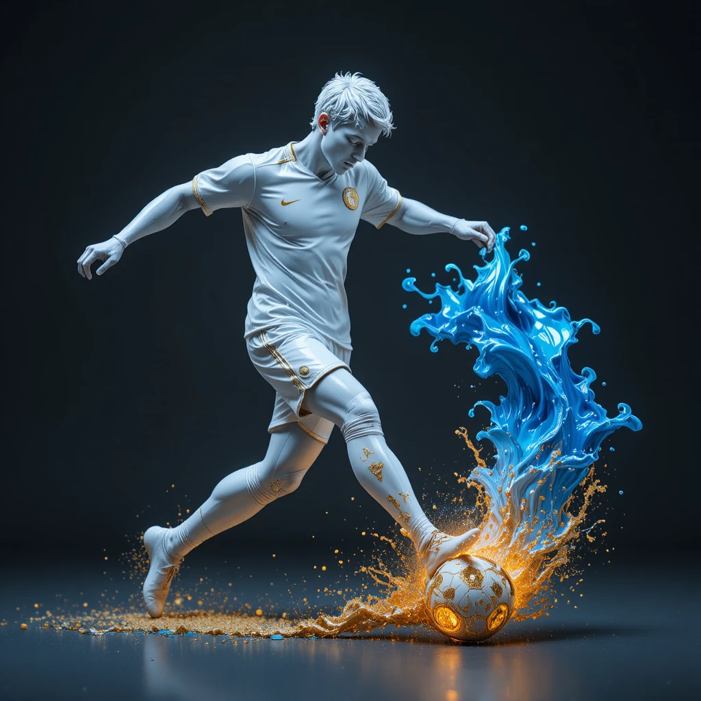 Ceramic soccer player mid kick with flowing paint and light
