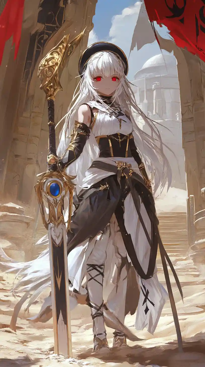 Anime girl beside battle scythe in mystical sandy ruins
