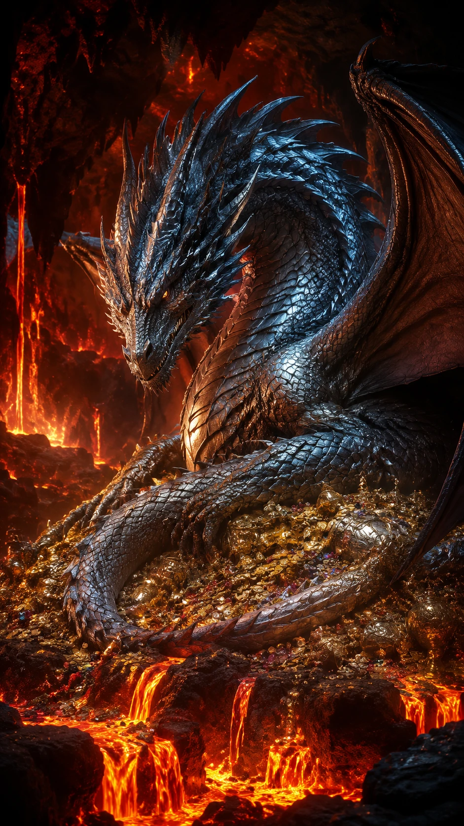 Silver dragon guarding a glowing treasure hoard in cave