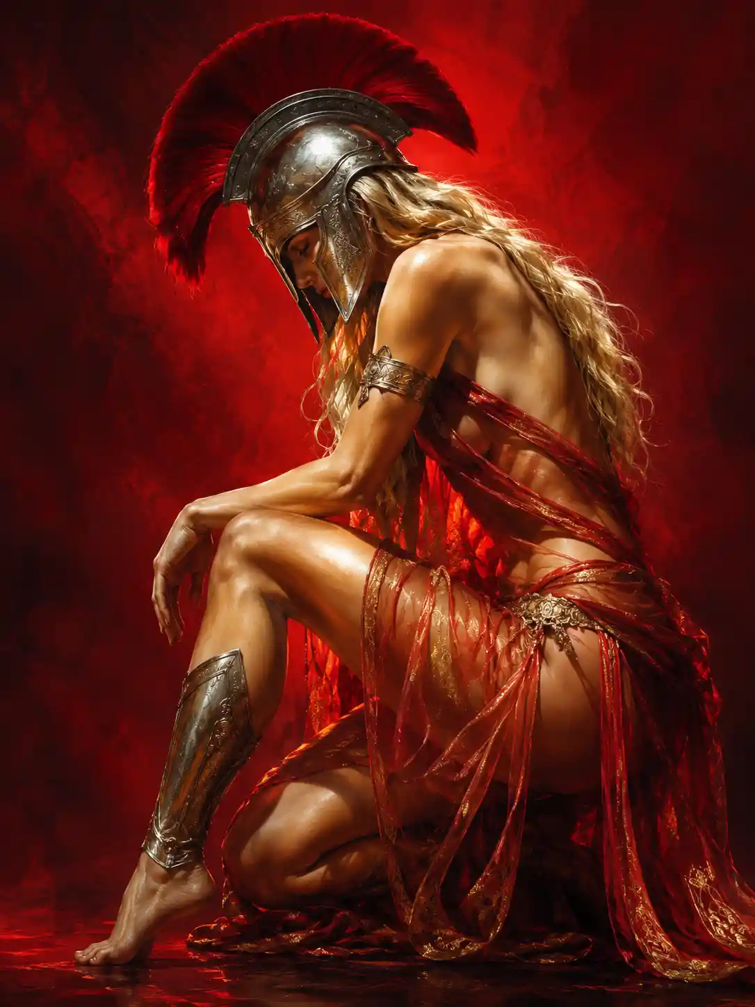 Dramatic full body portrait of a crouching female warrior