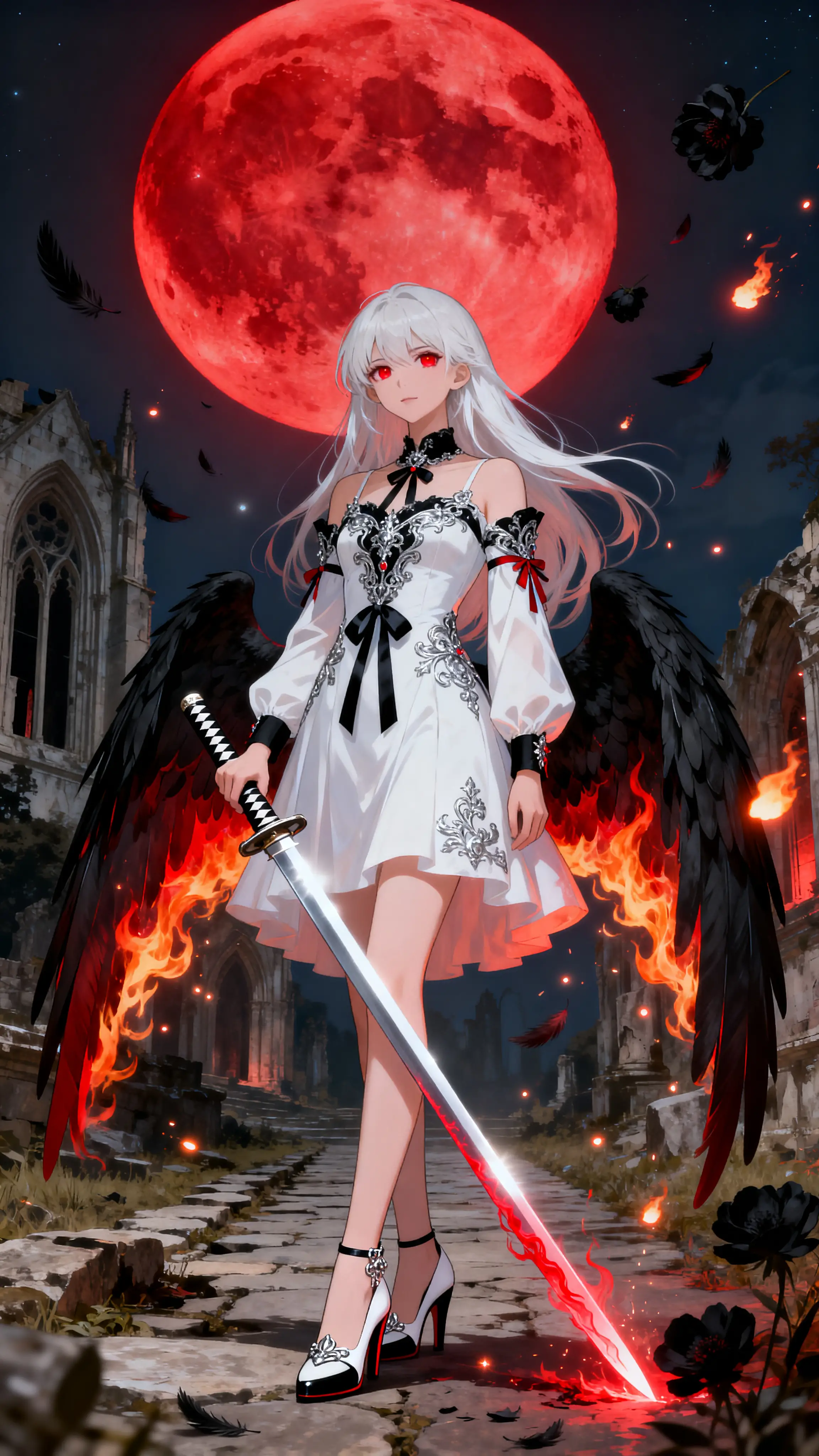 Angelic woman with burning black wings under a red moon