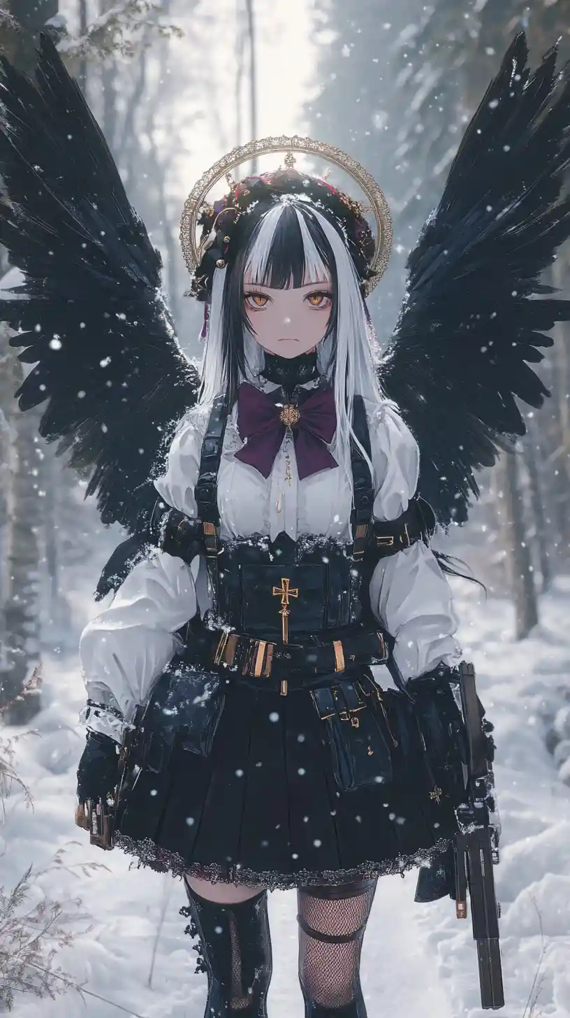 Girl with katana in snow covered orthodox fantasy church