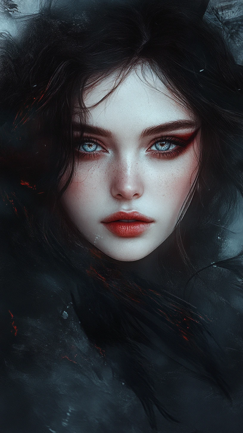 Mysterious woman with red eyeliner in misty ethereal void