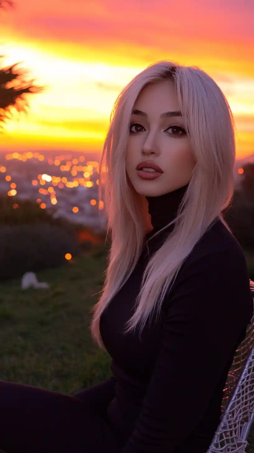 Cinematic fashion portrait of a blonde woman in black turtleneck