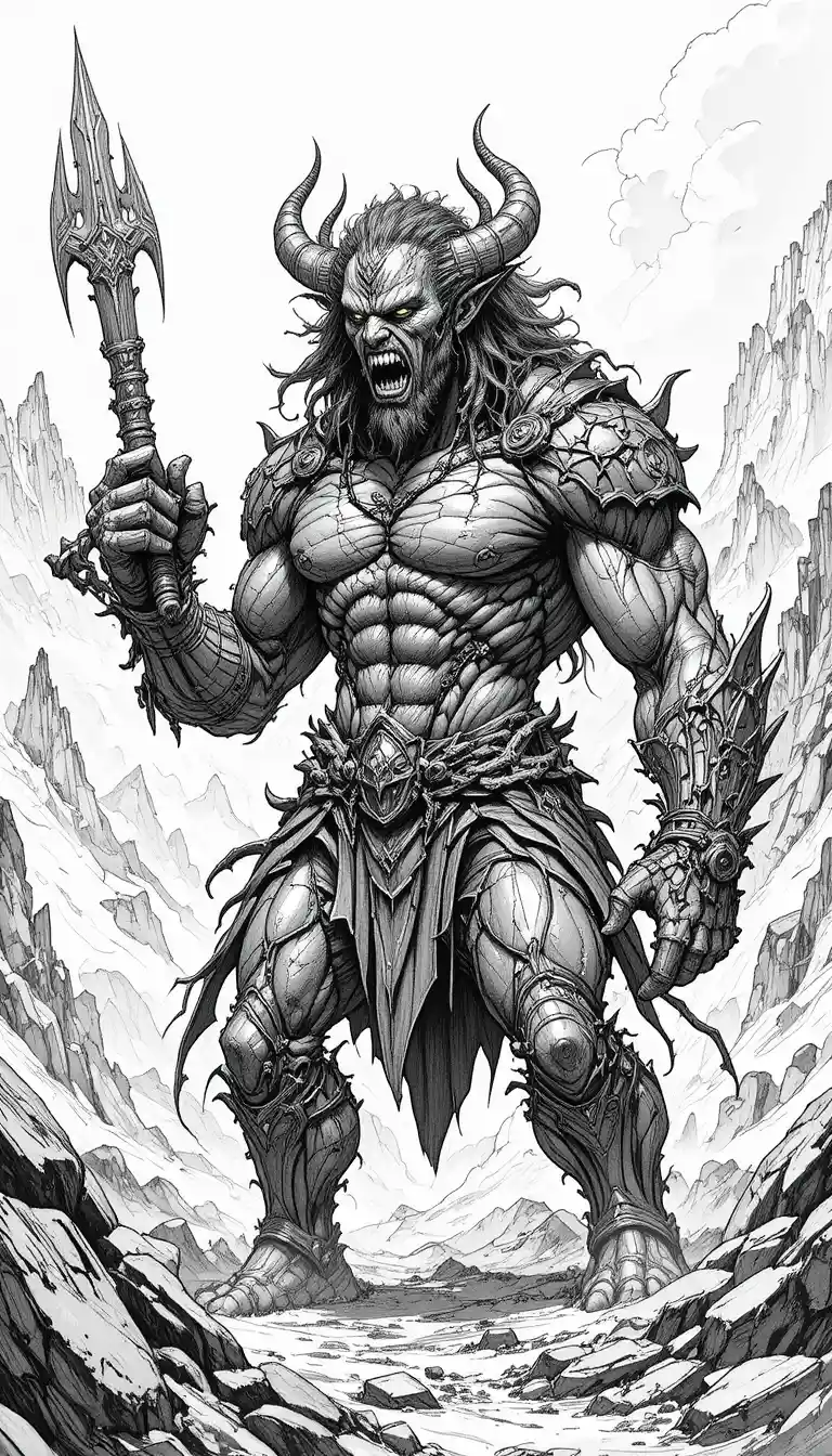 Hyperrealistic demon warrior in a desolate rocky landscape